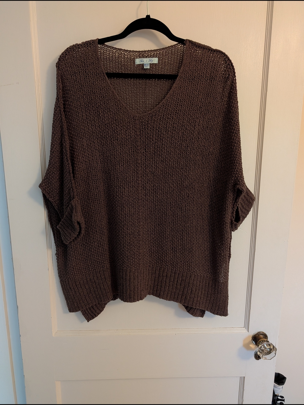 She + Sky Chocolate Brown V-Neck Open Knit Sweater